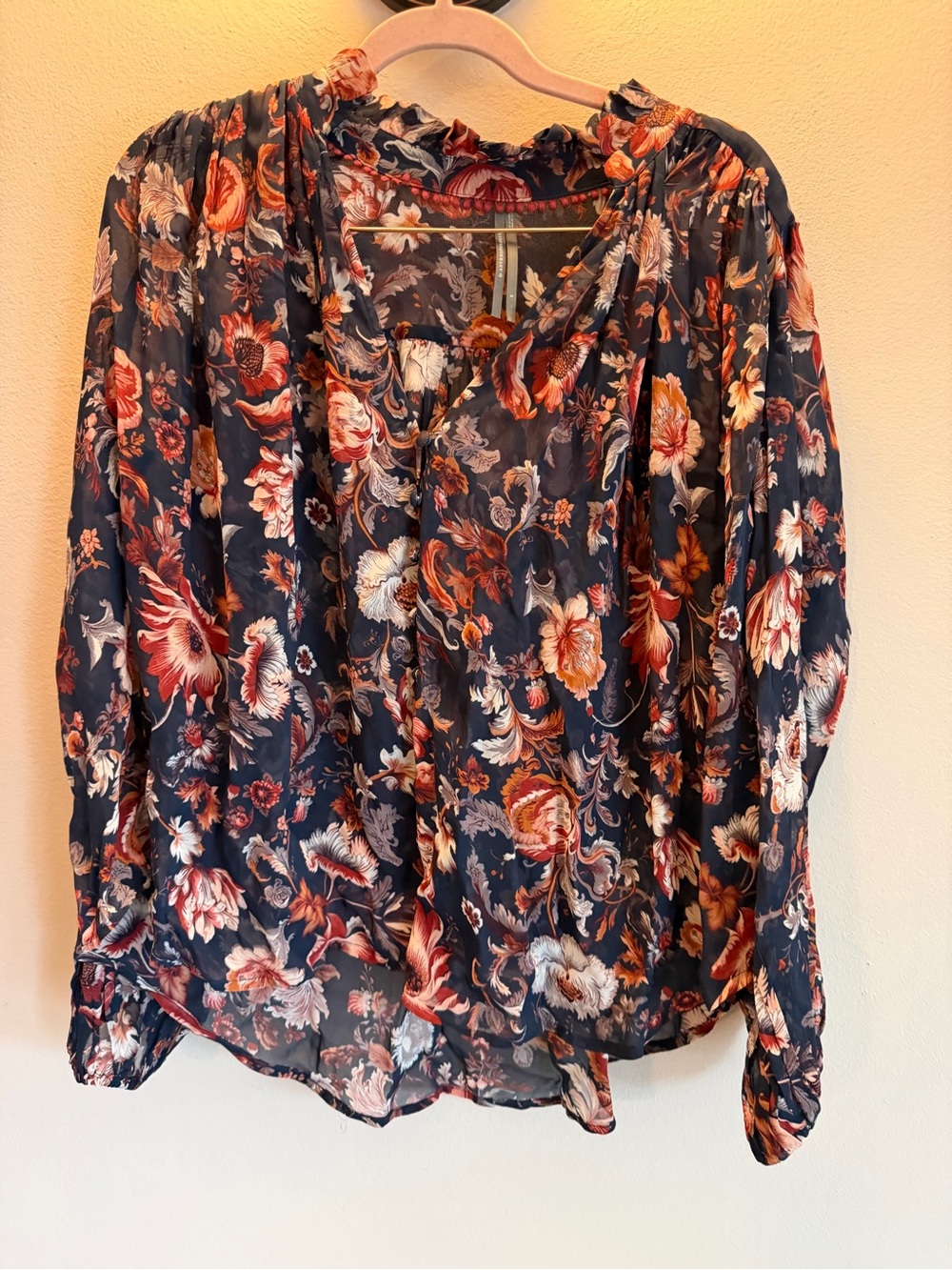 Anthropologie Navy Floral V-Neck Blouse with Burnt Orange and Cream